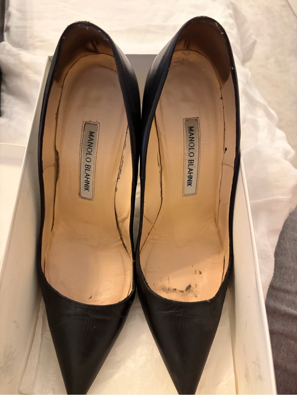 Manolo Blahnik Black Pointed-Toe Leather Pumps